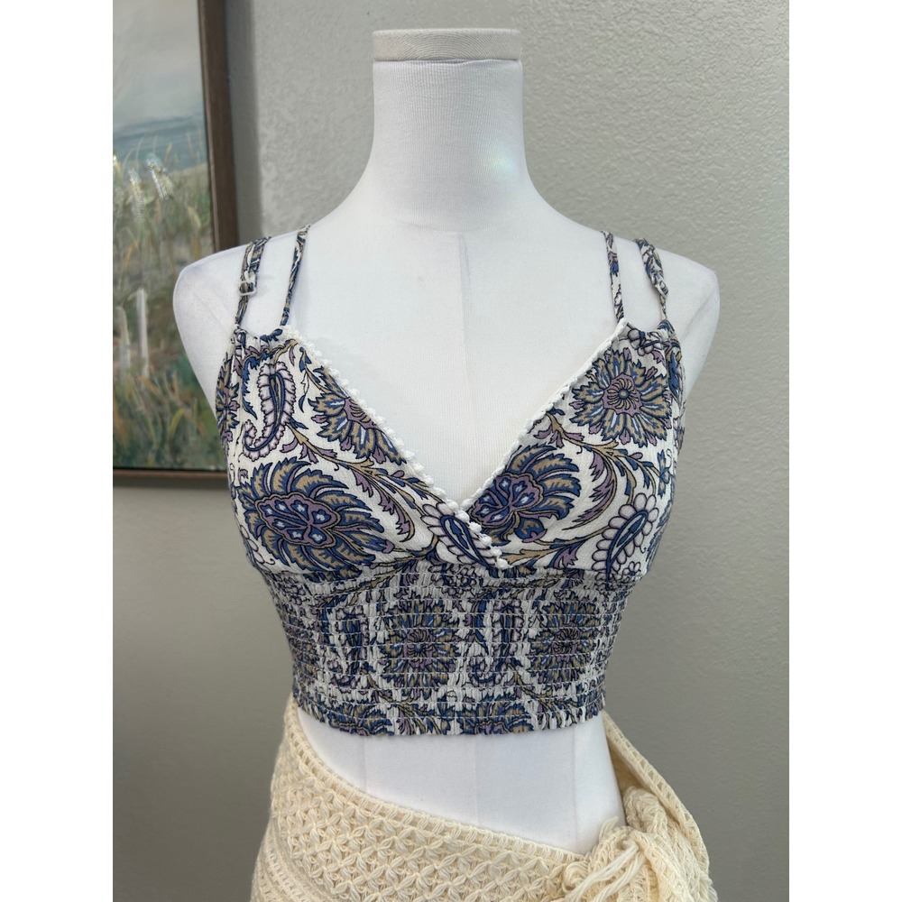 American Eagle Blue Boho Paisley Floral Smocked Bralette Crop Festival Top Small